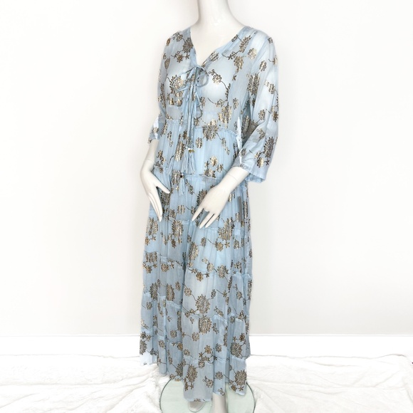 Sunny Studio Dresses & Skirts - NWT | Sunny Studio French Designer Cotton Tiered Maxi Summer Dress Sky Blue Gold
